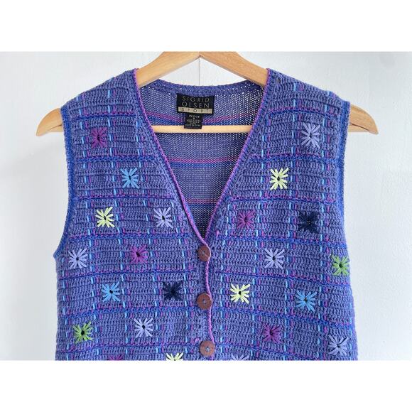 Vtg 90's Periwinkle Knit Floral Crochet Sz Petite Small Boho Fairy Grunge - Picture 4 of 10